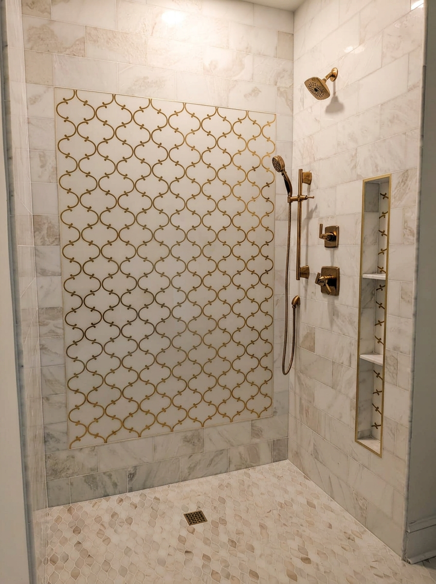 Marble tile shower with brass arabesque mosaic accent and brass fixtures