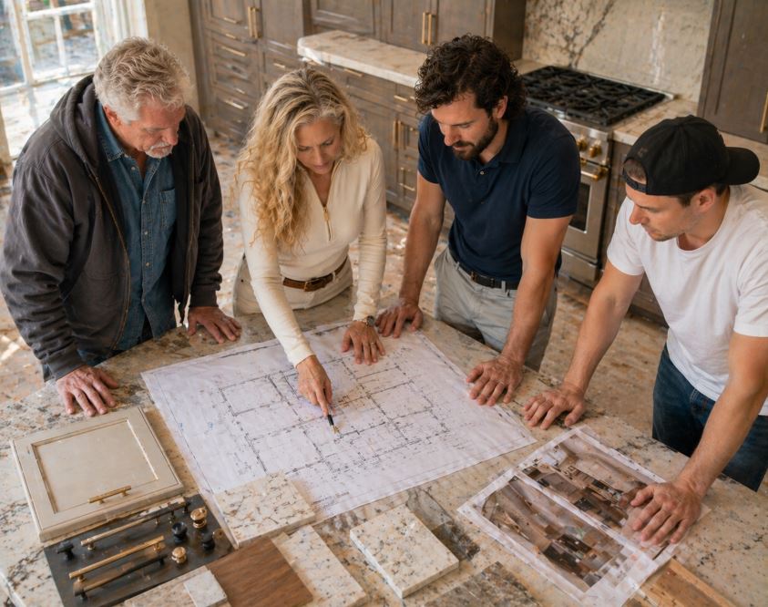 Mimi reviewing blueprints with her construction and design team